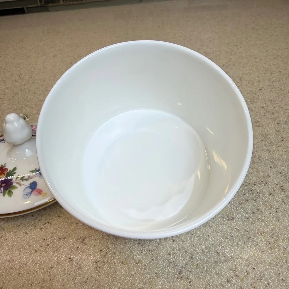 Vintage Minton Marlow Bone China Jam Pot w/ Lid & Glass Spoon Floral England